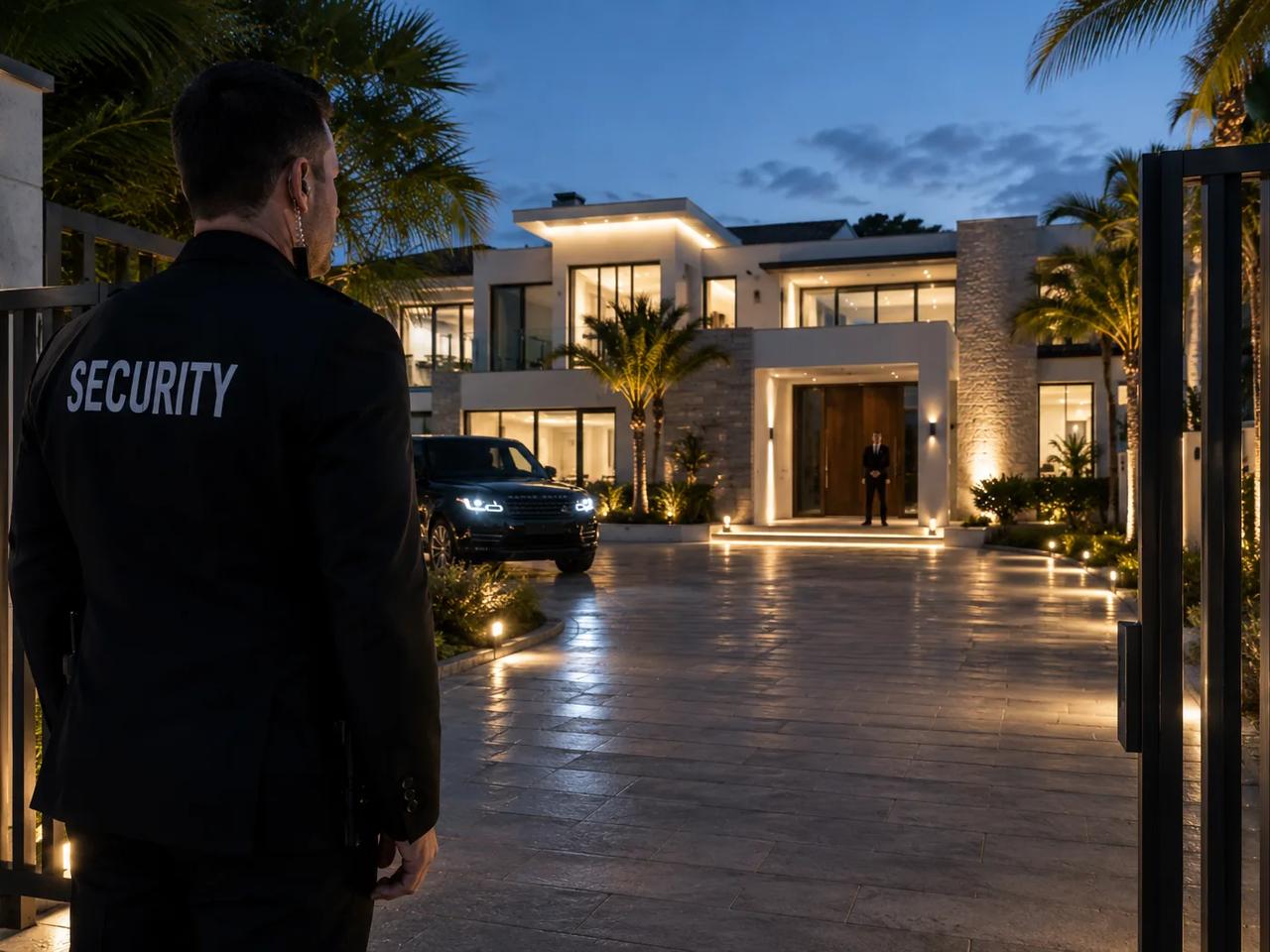 Security guard in front of a modern villa at night