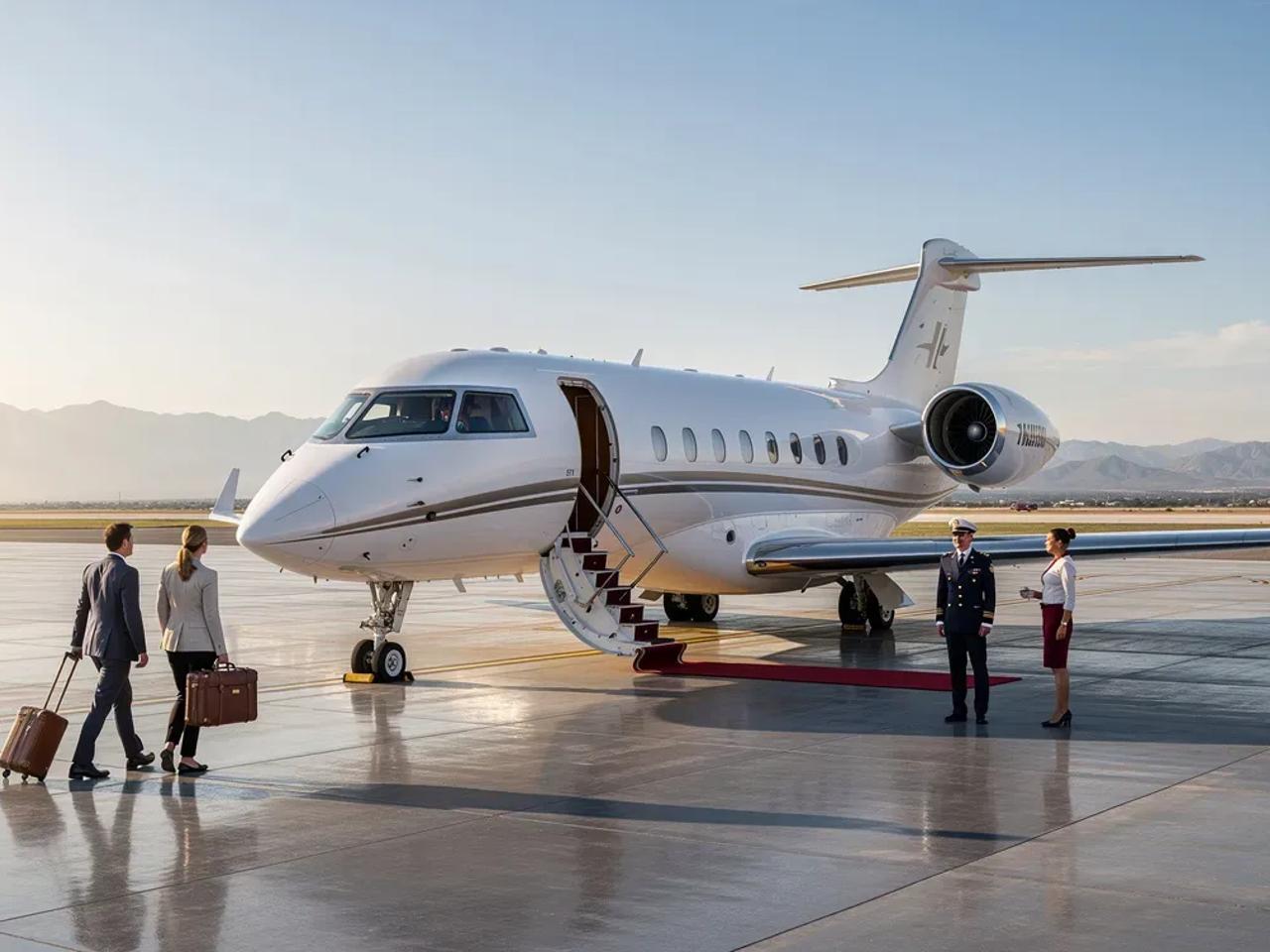 Private jet on a runway with passengers and crew.