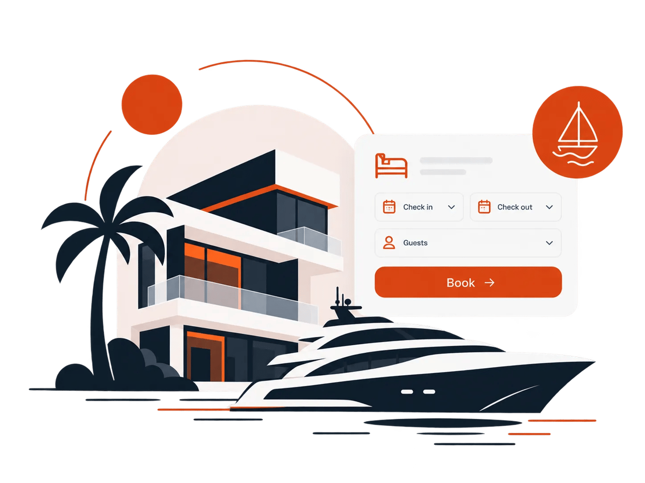 Stylized illustration of a yacht and villa with booking interface.