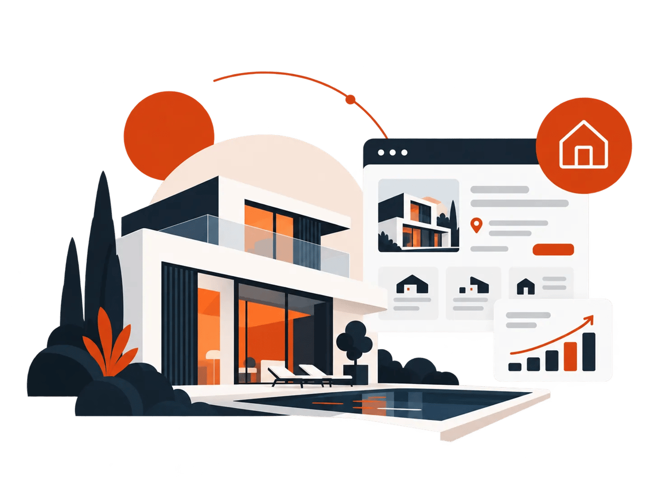 Stylized illustration of a modern villa with a pool and property listing interface.