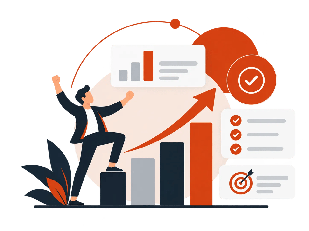 Illustration of a businessman celebrating success with graphs.