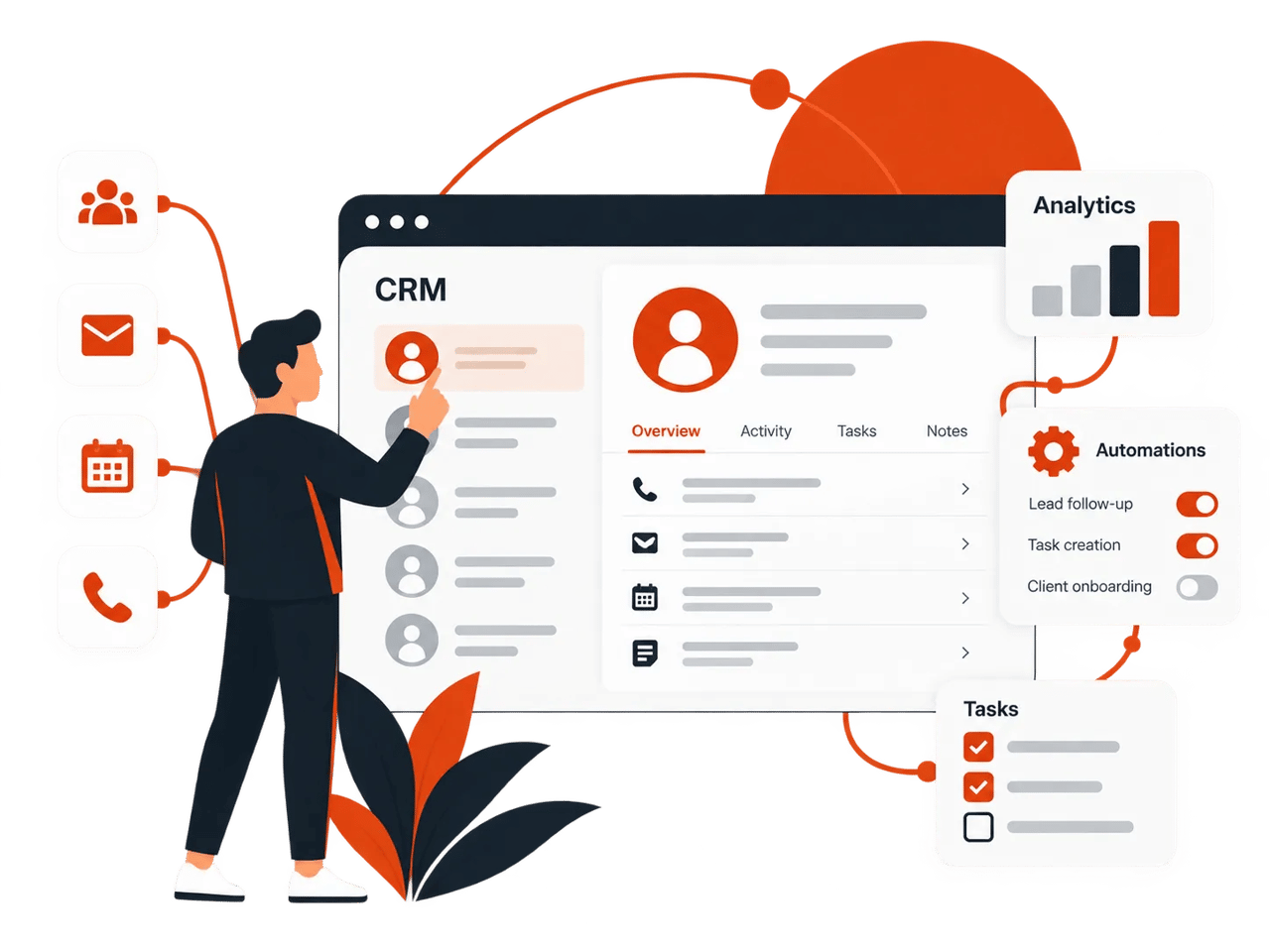 Illustration of a CRM dashboard with analytics and tasks.
