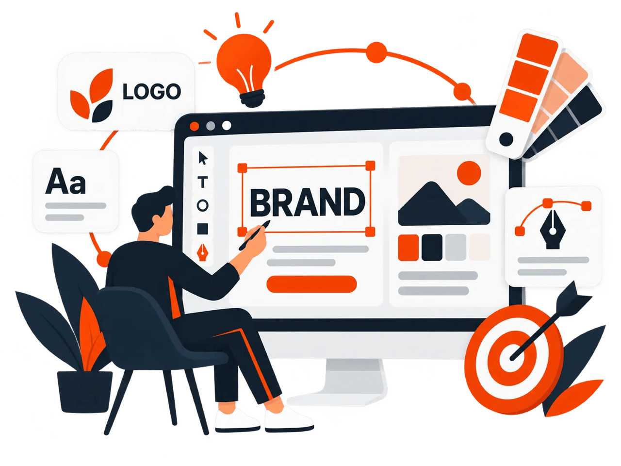 Illustration of a person designing a brand on a computer.