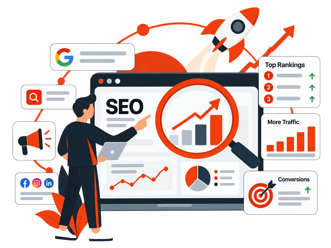 Illustration of SEO growth with charts and graphs.