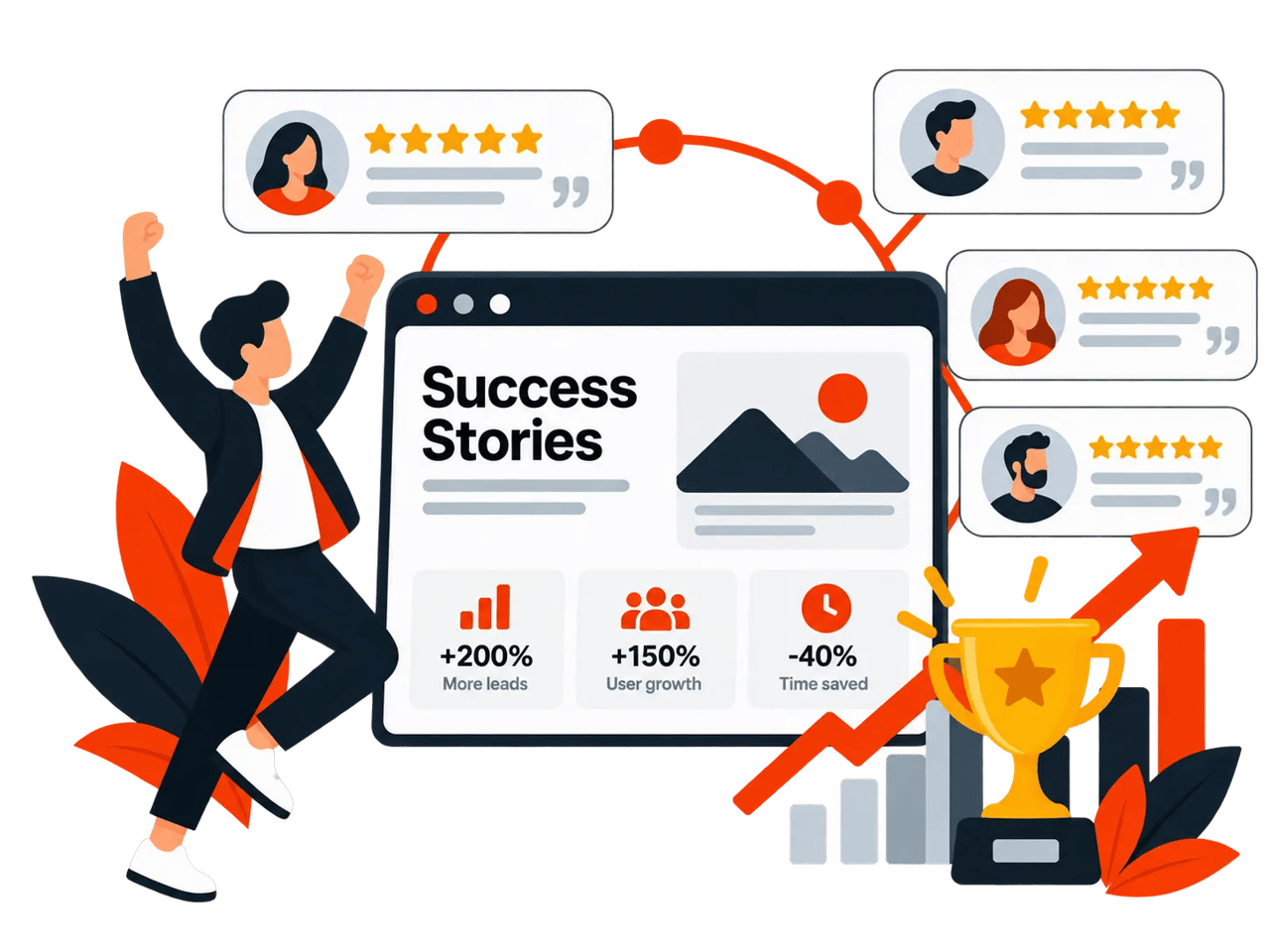 Illustration of success stories with charts and reviews.