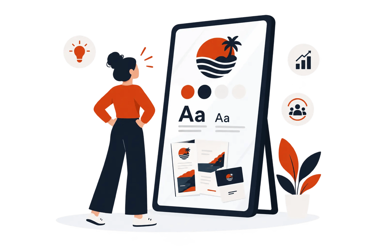Woman observing design elements on a display board.