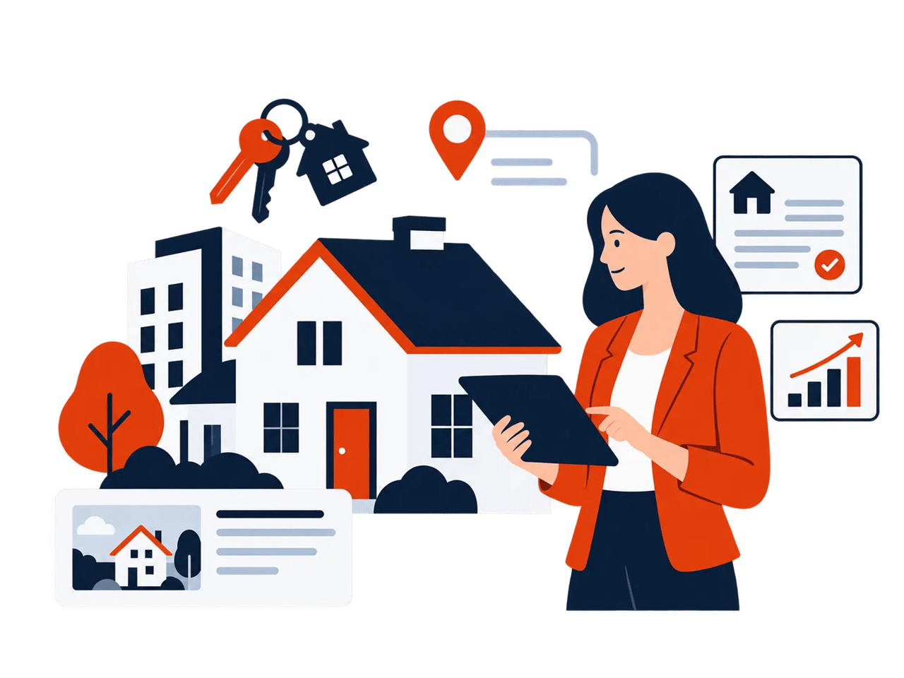 Woman holding a tablet with real estate icons