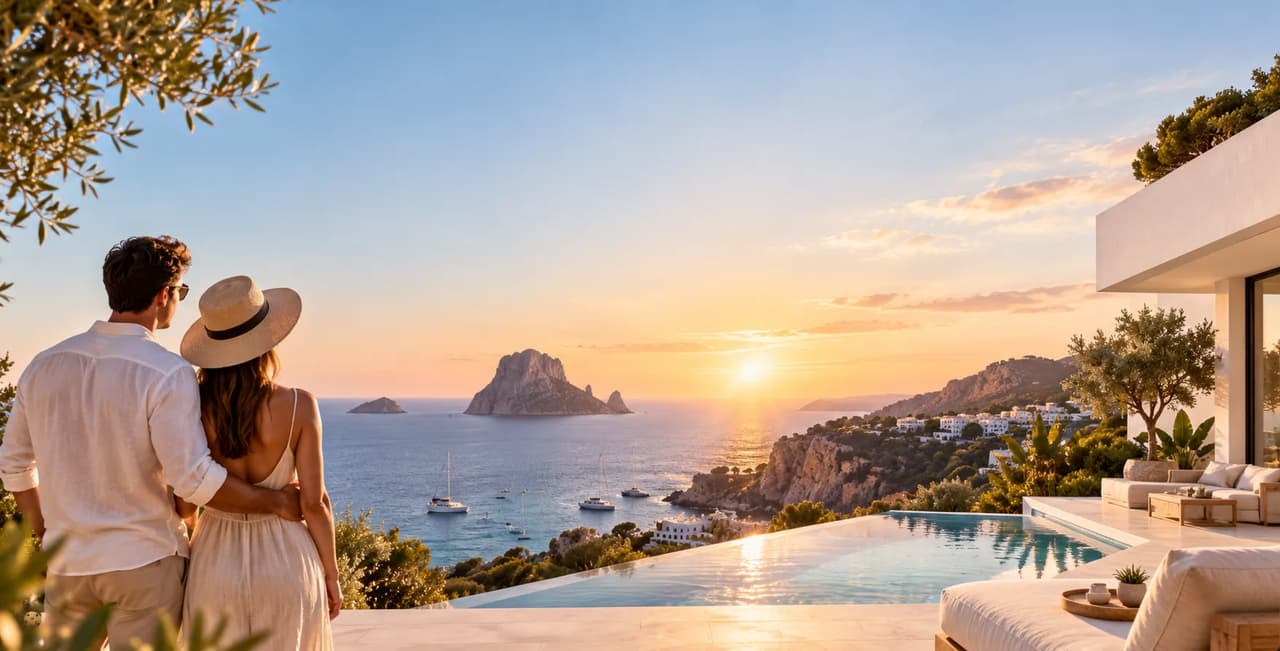 Couple enjoying sunset view from a villa in Ibiza.