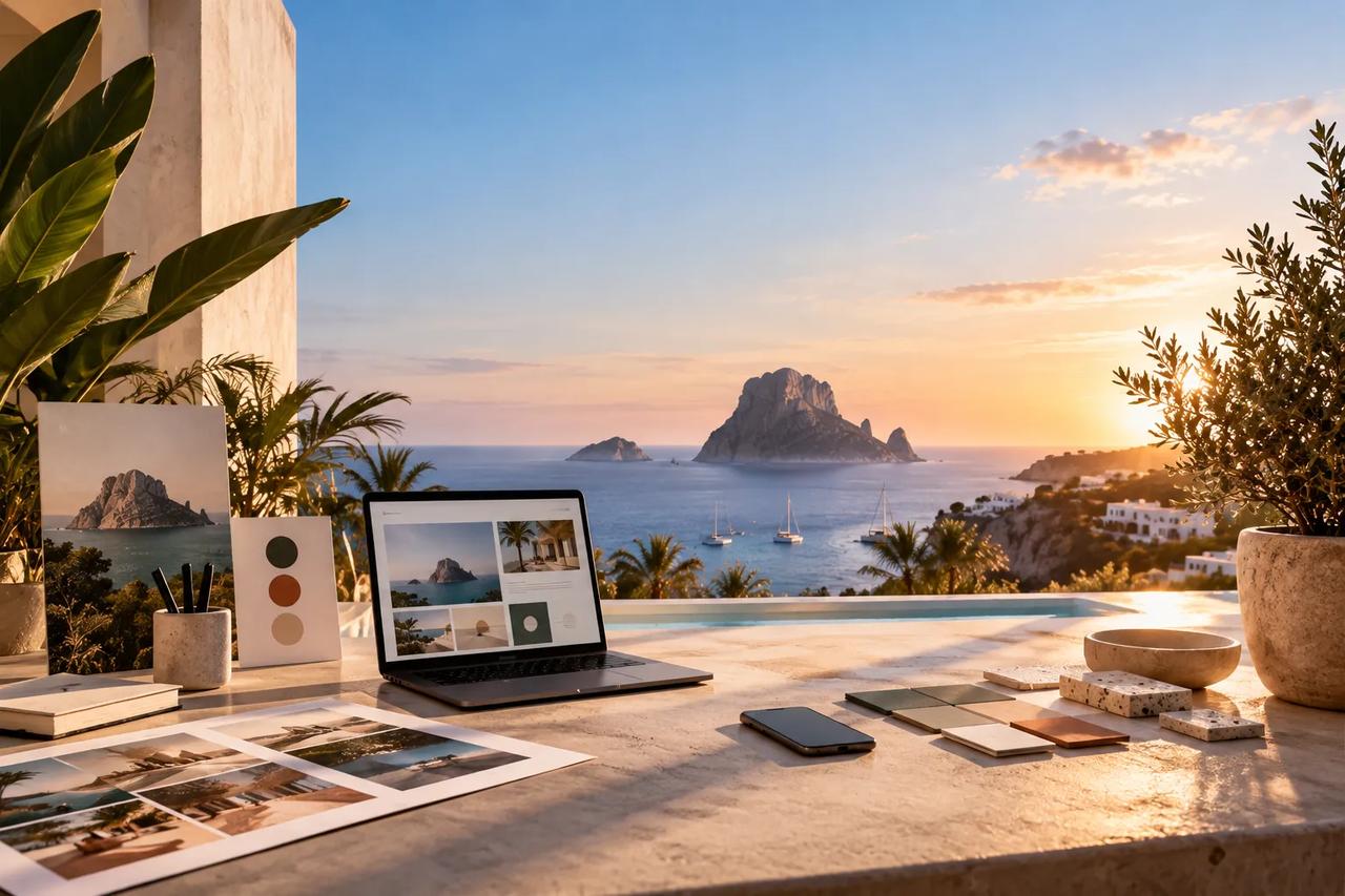 Scenic view from a villa workspace overlooking the sea.