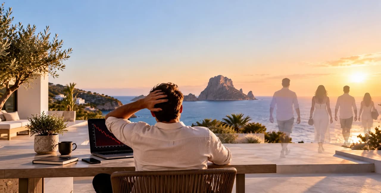 Person looking at sunset over the sea from a villa