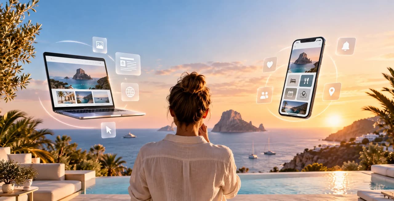 Person looking at a sunset view with technology devices