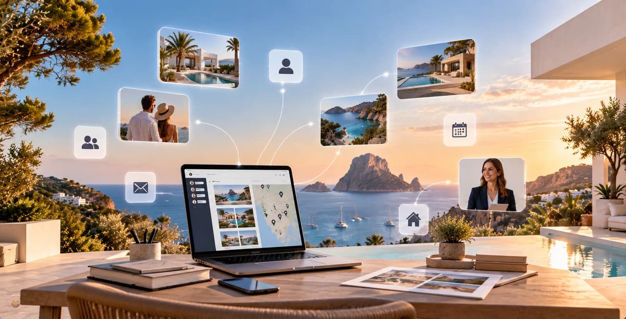 A laptop on a table overlooking a scenic view of Ibiza.