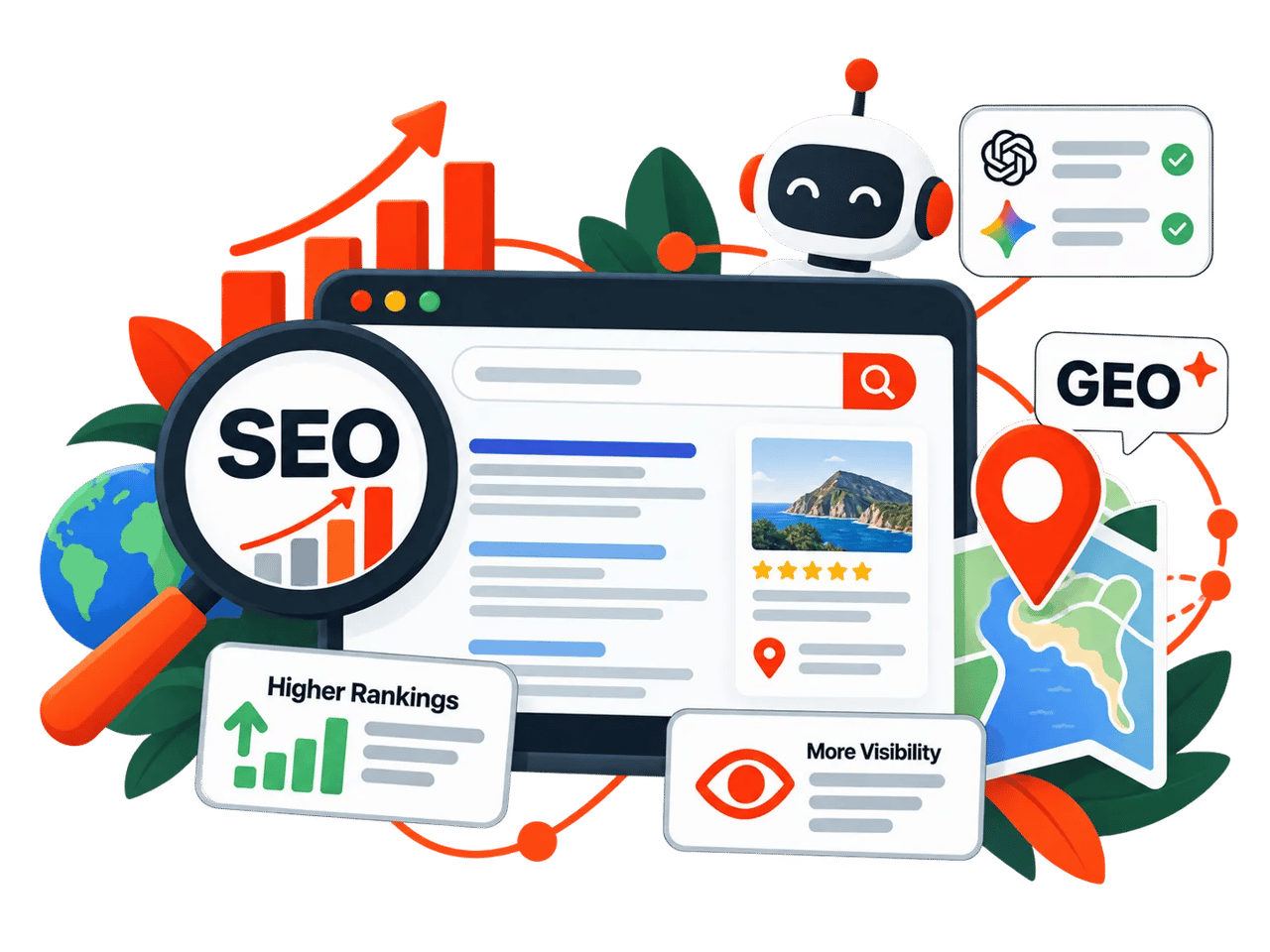 Illustration depicting SEO concepts and tools.