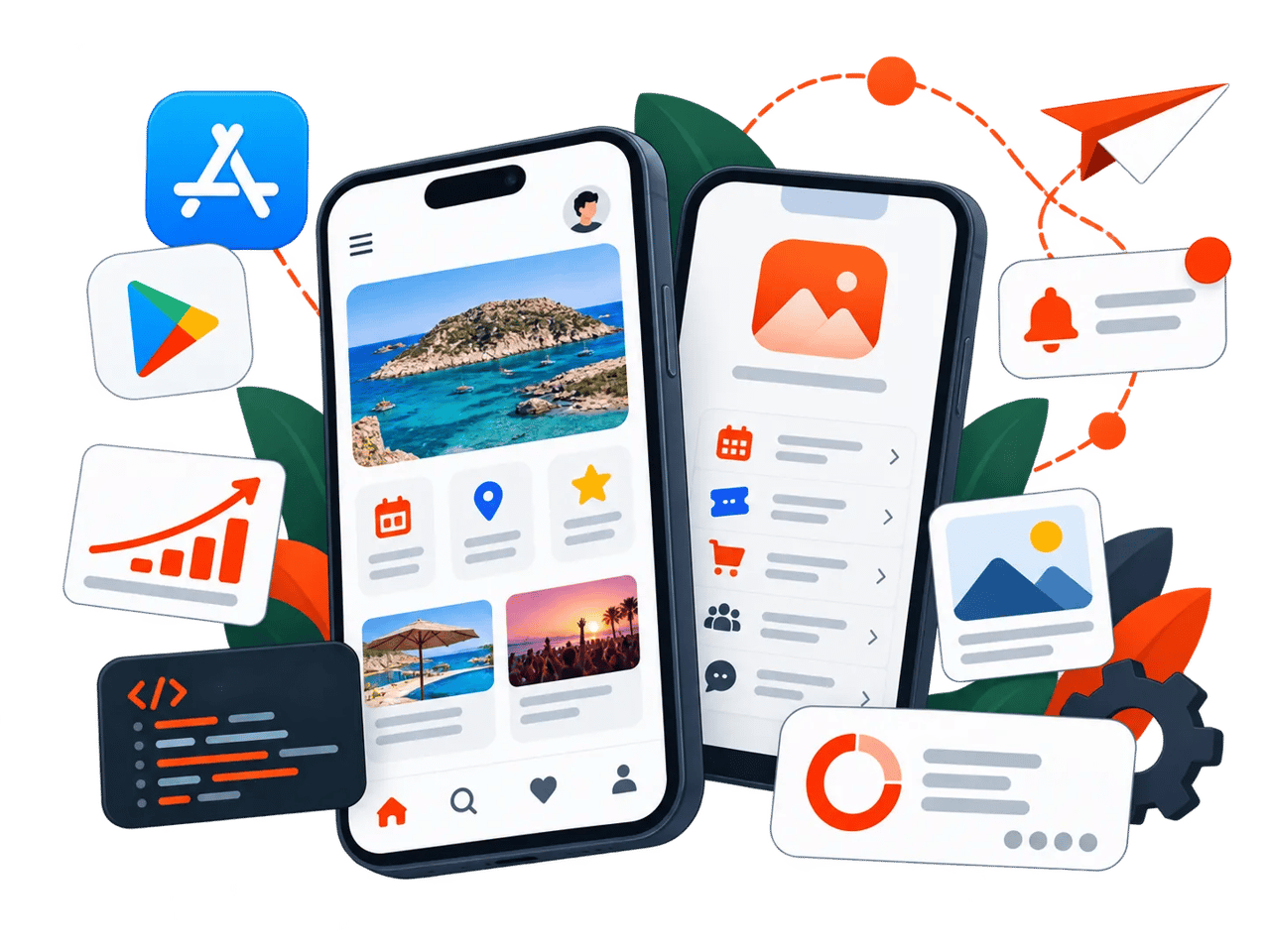 Smartphones displaying app interfaces with icons