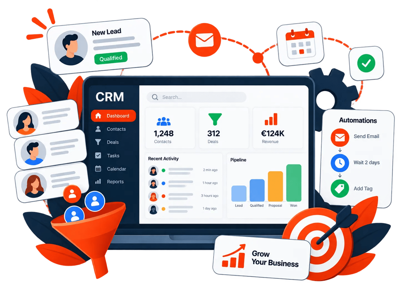 CRM dashboard with analytics and automation features.