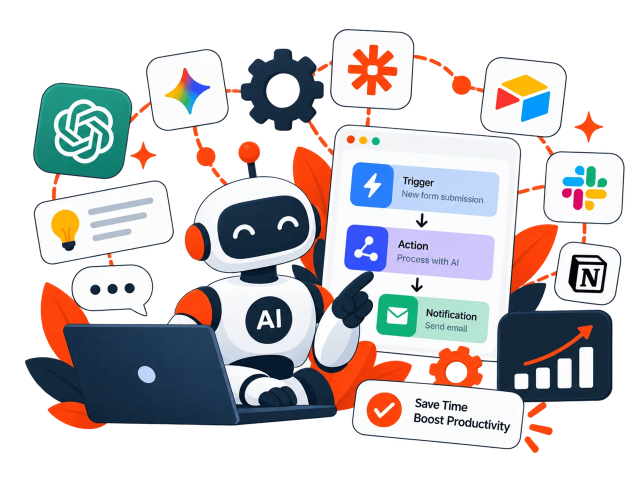 A cartoon robot interacting with various digital tools.