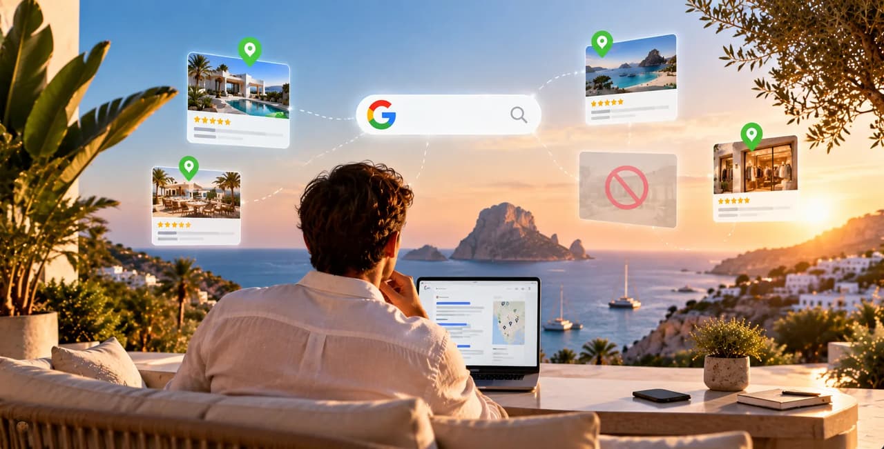 Person searching for Ibiza properties on a laptop