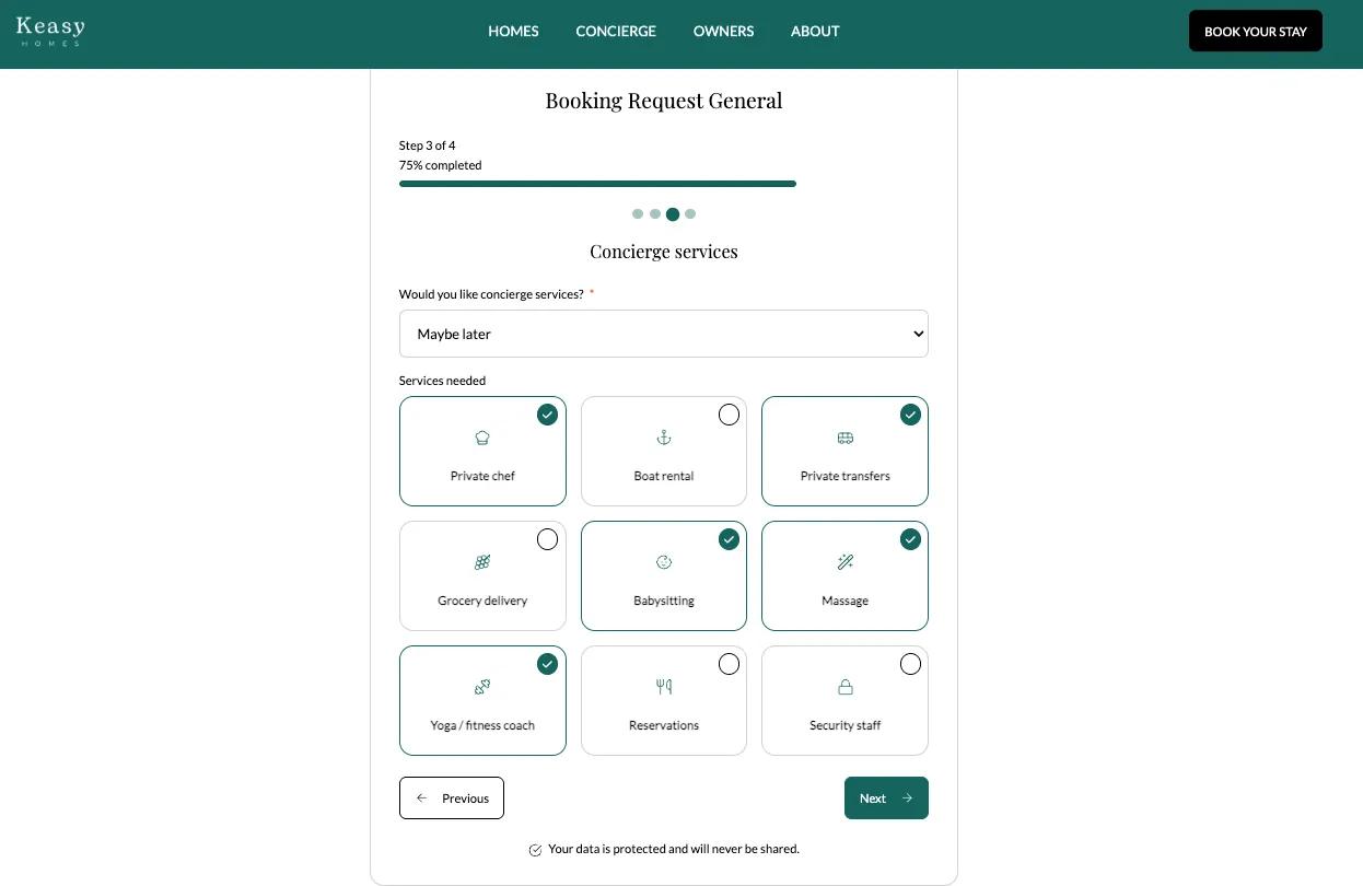 Booking request form for concierge services