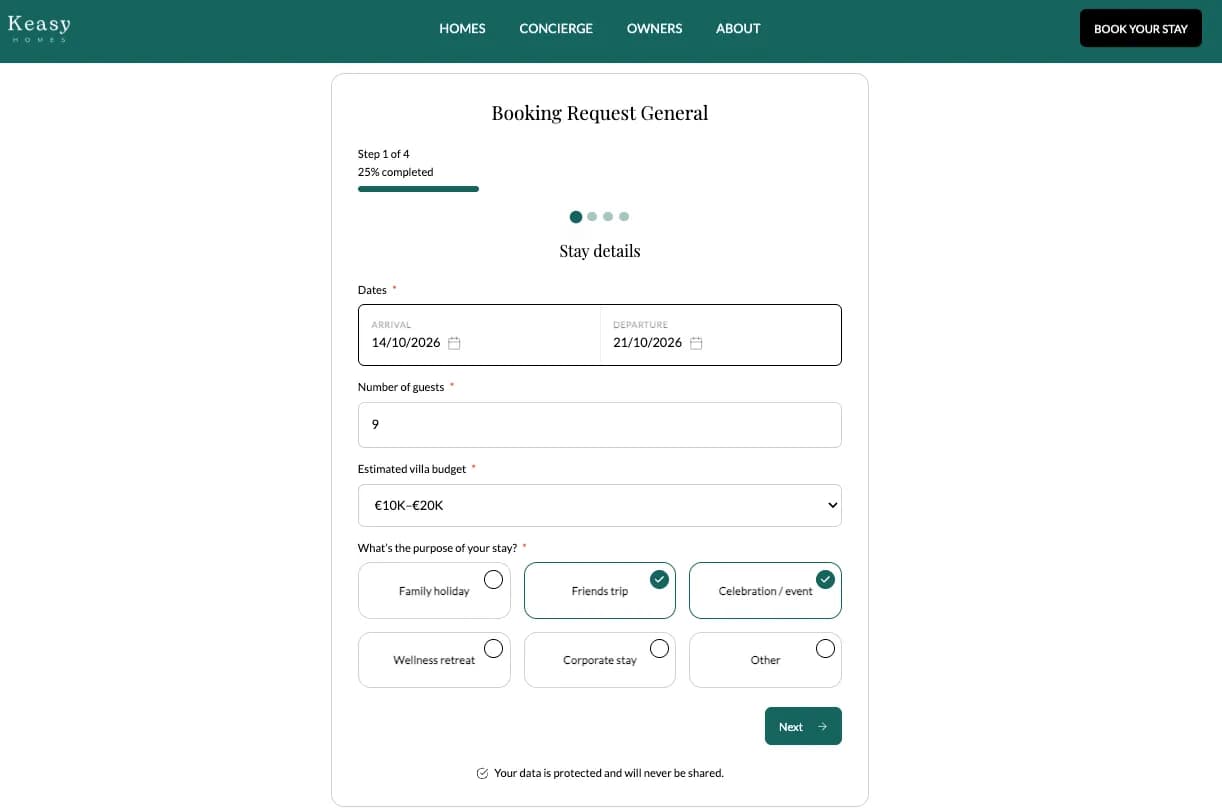 Booking request form with details for a stay.