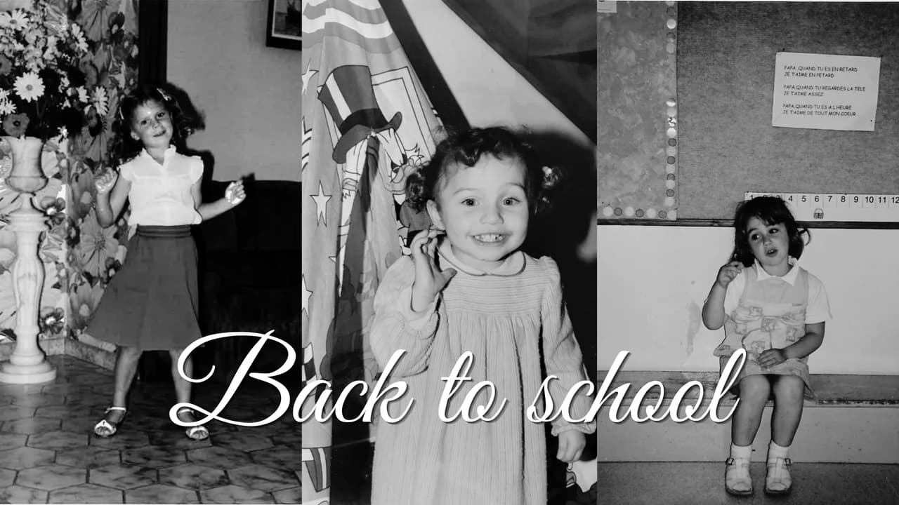 Enfants en noir et blanc avec un texte 'Back to school'