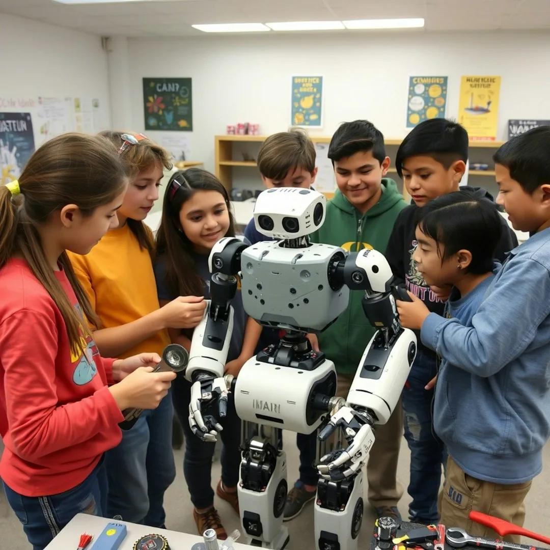 Children surround and interact with a large robot.