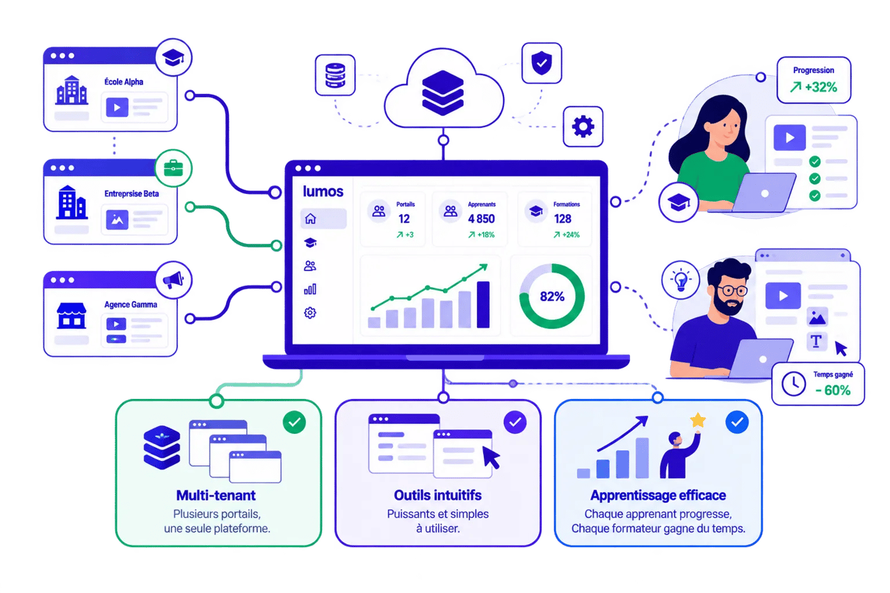 Interface utilisateur de la plateforme Lumos avec des graphiques et des statistiques.