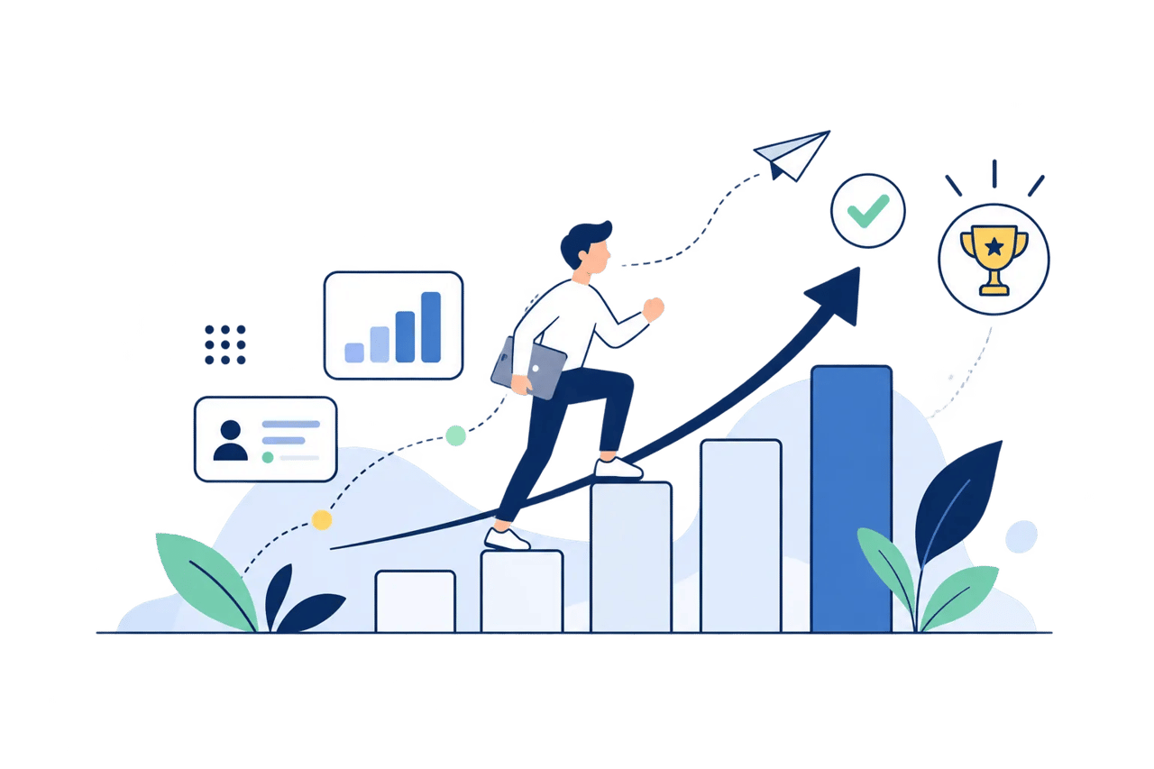 Illustration d'une personne grimpant des barres de croissance avec des graphiques.