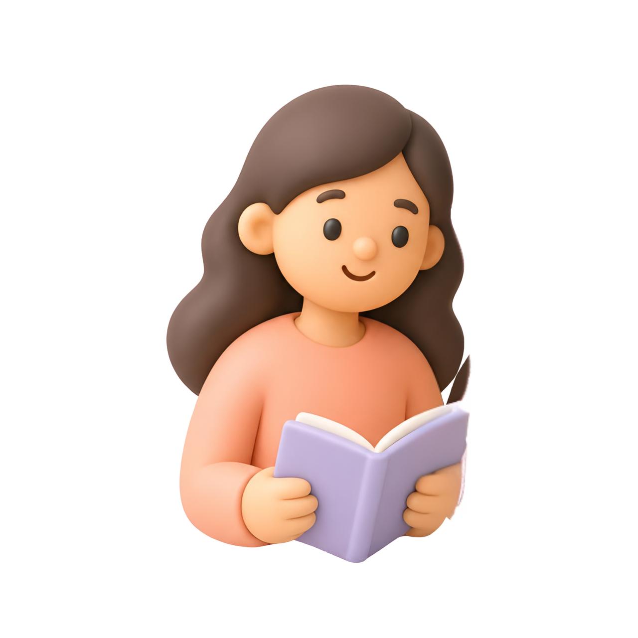 Personnage animé lisant un livre avec un sourire