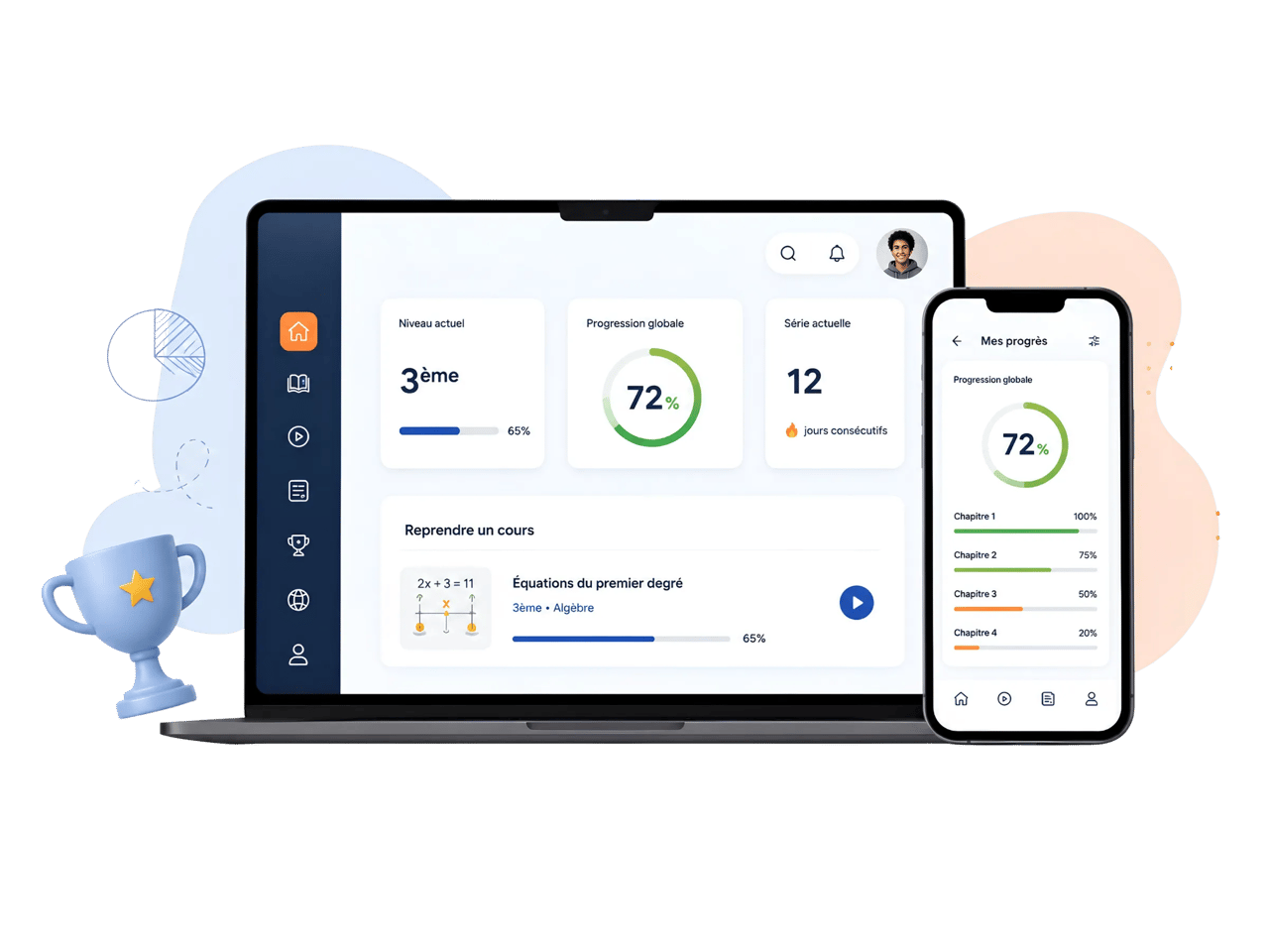 Interface utilisateur d'une application éducative sur un ordinateur et un téléphone.