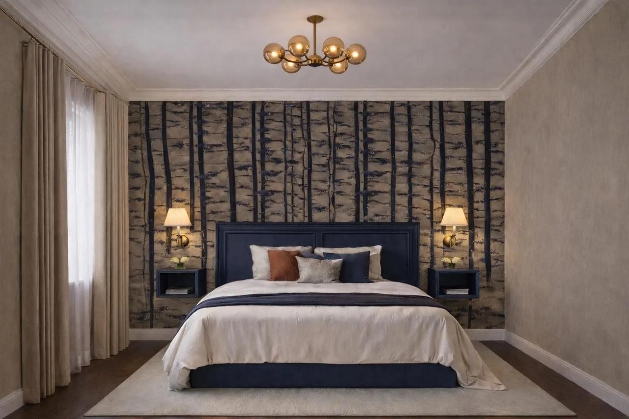 Chambre élégante avec un lit king-size et un décor moderne.