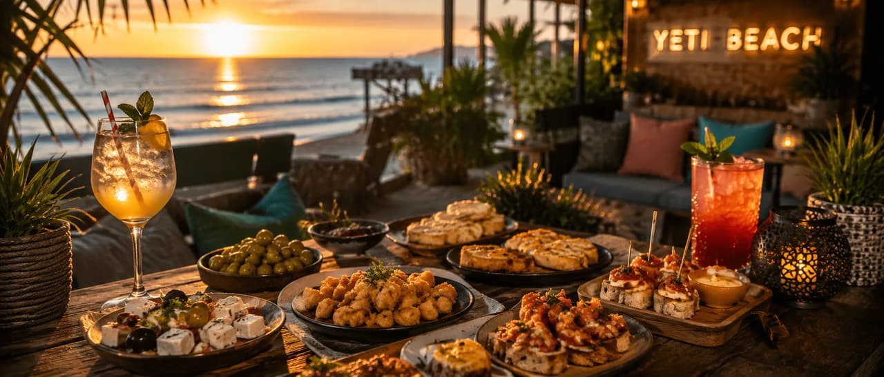 A variety of dishes and drinks on a table at sunset by the beach.