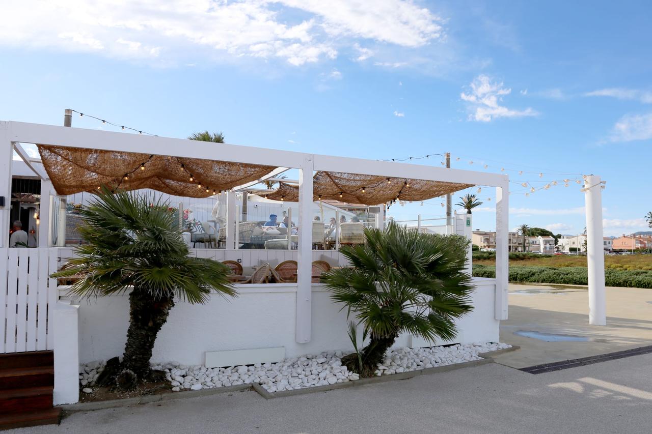 Outdoor dining area with palm trees and decorative lights