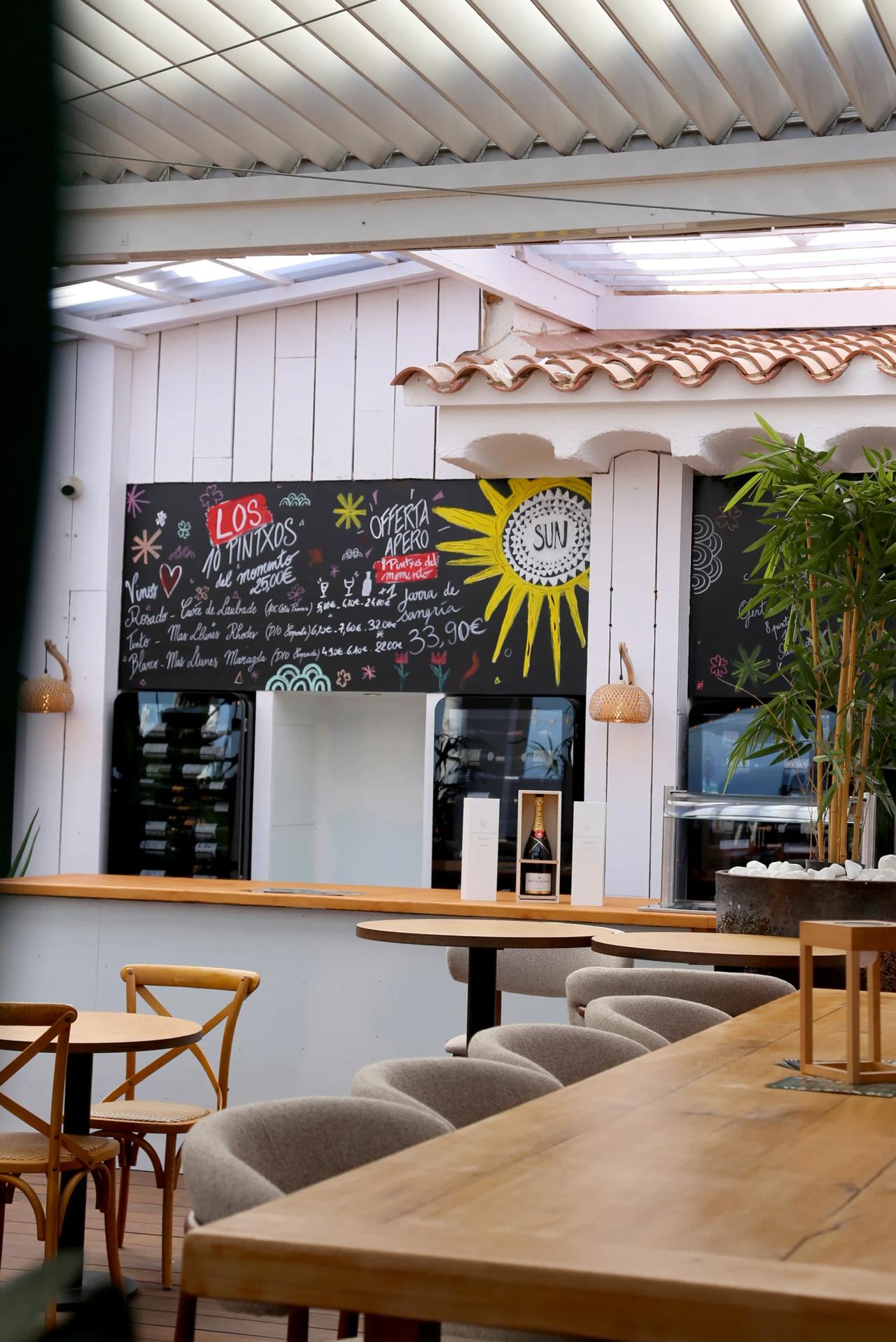 Interior view of a restaurant with a chalkboard menu.