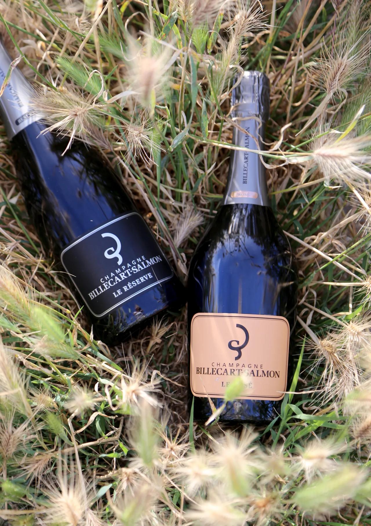 Two bottles of Billecart-Salmon champagne in grass.