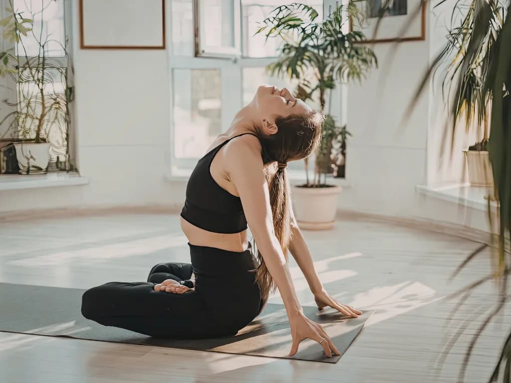 Woman practicing yoga in a bright indoor space surrounded by plants.