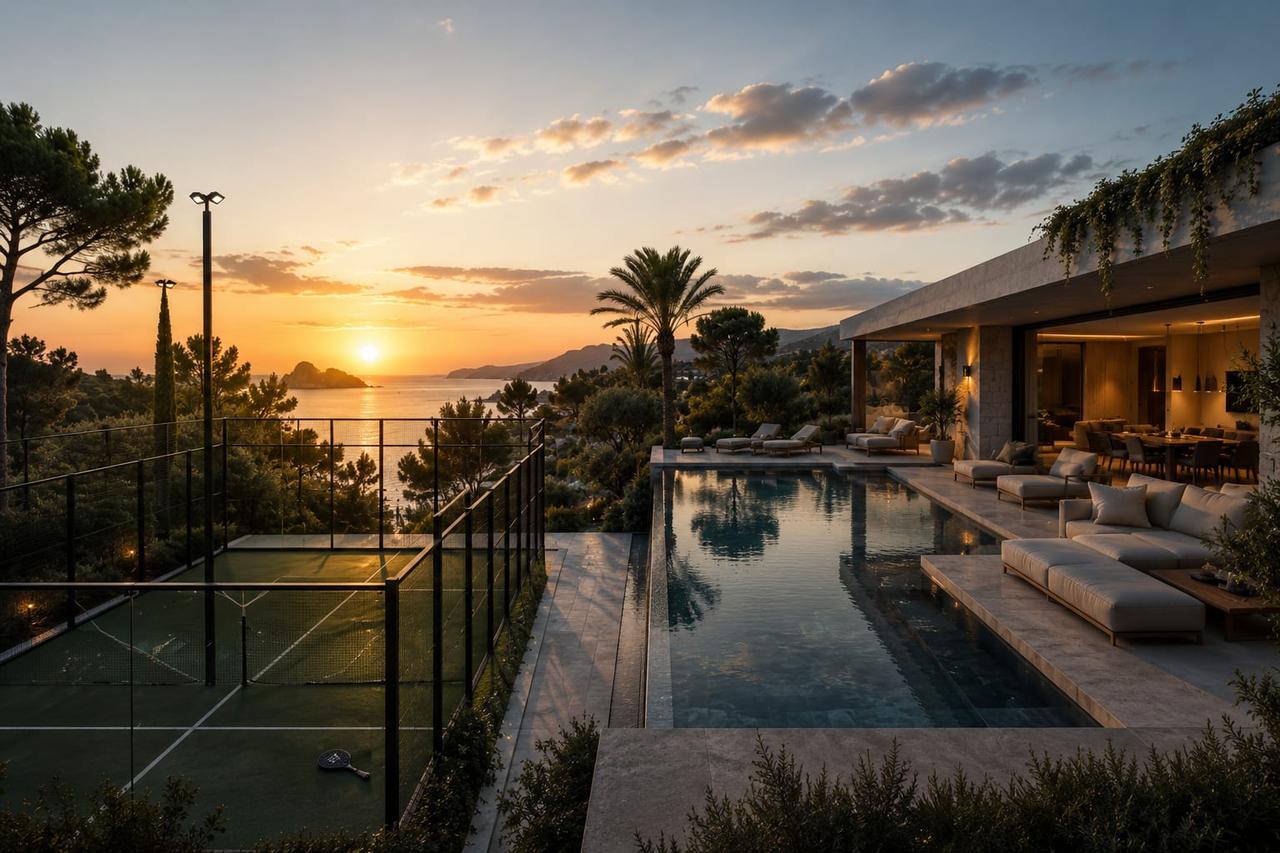 Luxury villa with a pool and sunset view over the ocean.