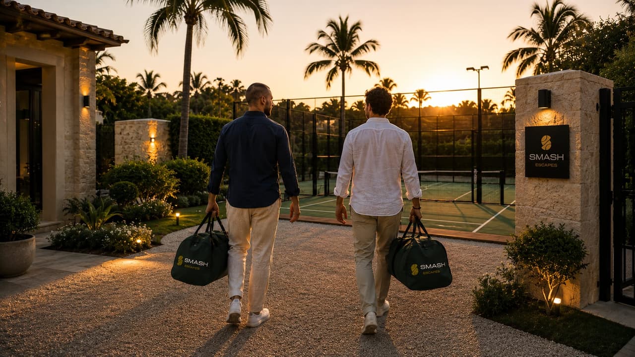 Two men walking towards a tennis court at sunset, carrying bags.