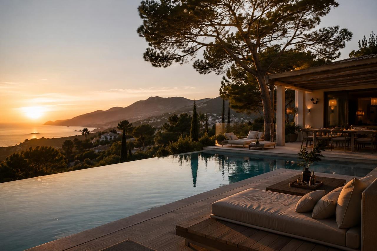 Luxurious villa with a pool overlooking a sunset and mountains.