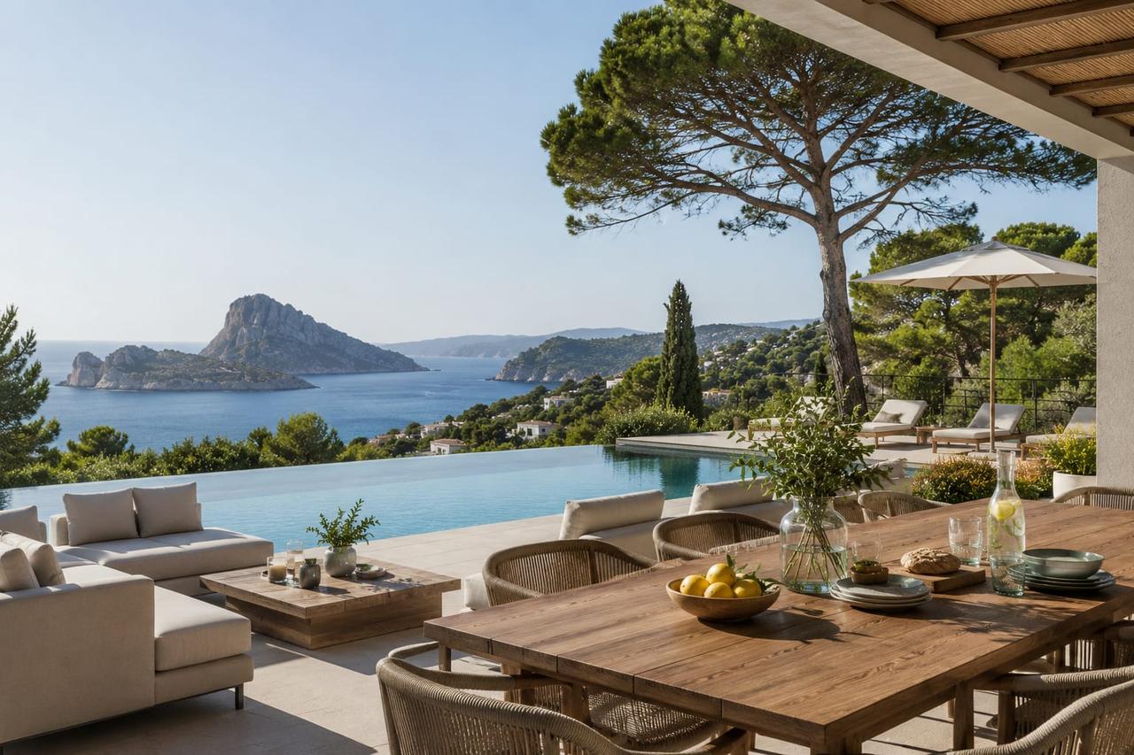 Scenic view of a villa with a pool overlooking the ocean and mountains.