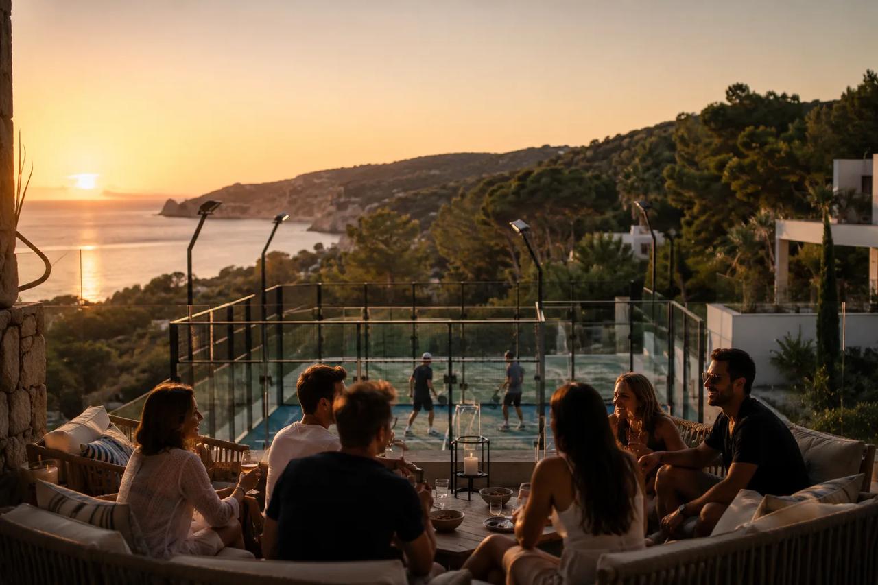 Group of friends enjoying sunset views from a villa terrace.