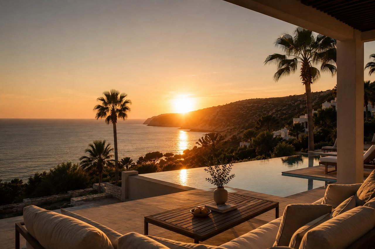 Sunset view from a villa overlooking the ocean with palm trees.