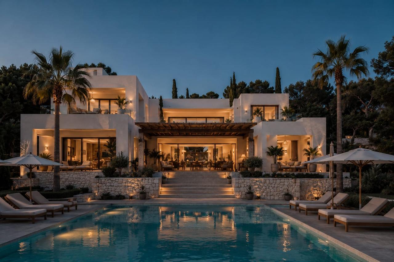Modern villa with pool and palm trees at dusk.