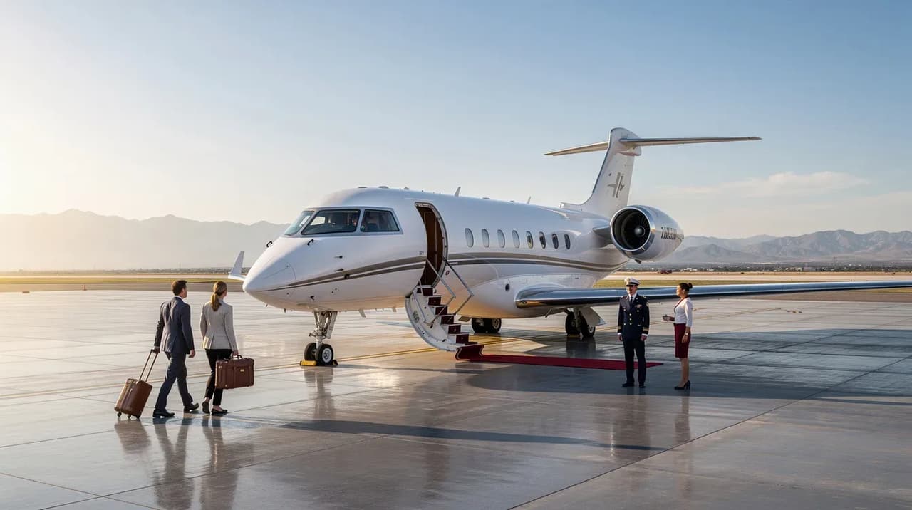 Private jet on a runway with passengers and crew.