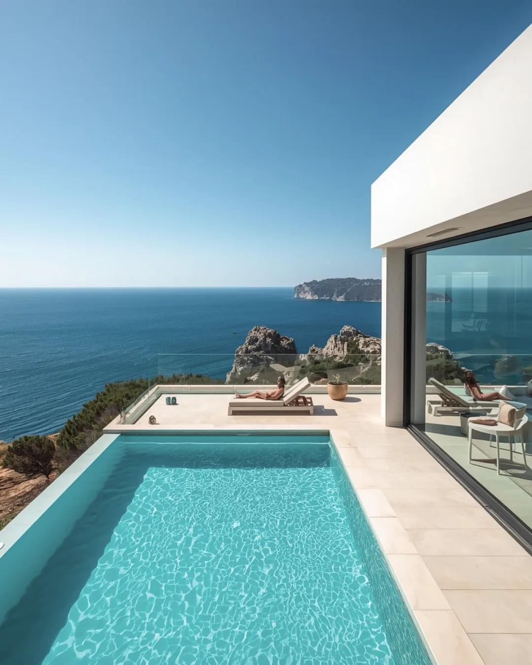 Modern villa with a pool overlooking the ocean.
