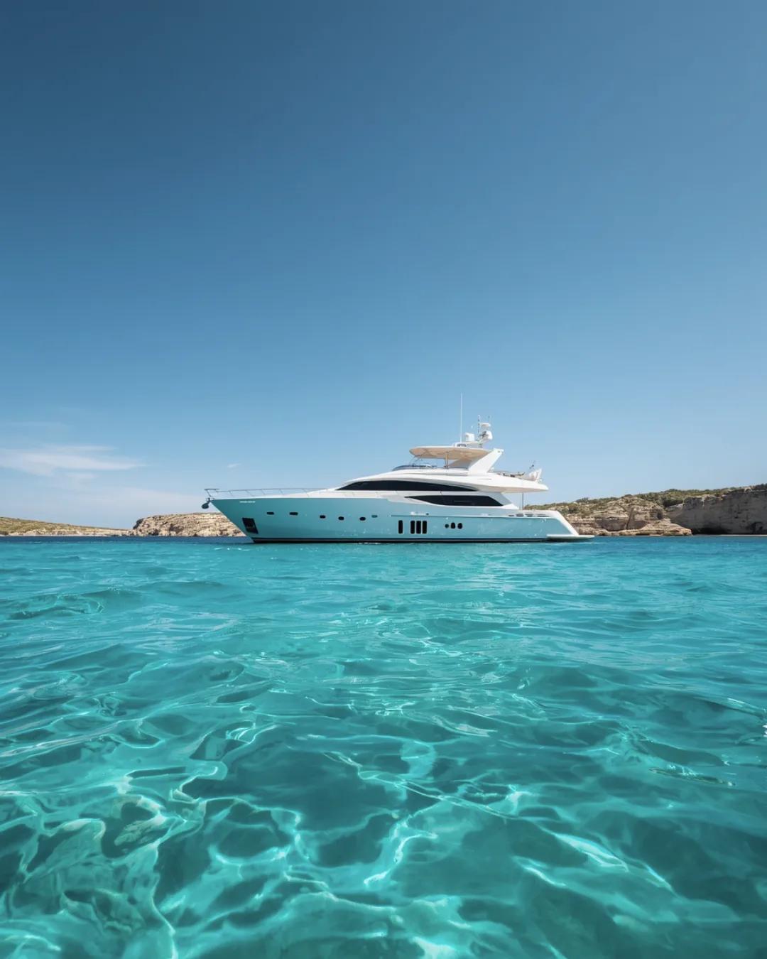 Luxury yacht anchored in clear turquoise waters.