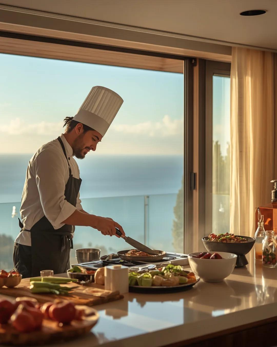 Chef cooking in a modern kitchen with ocean view