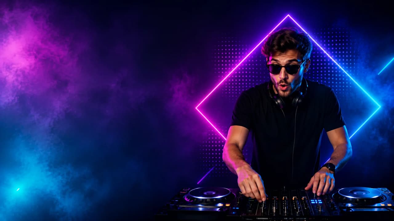 DJ performing at a nightclub with colorful lights in the background.