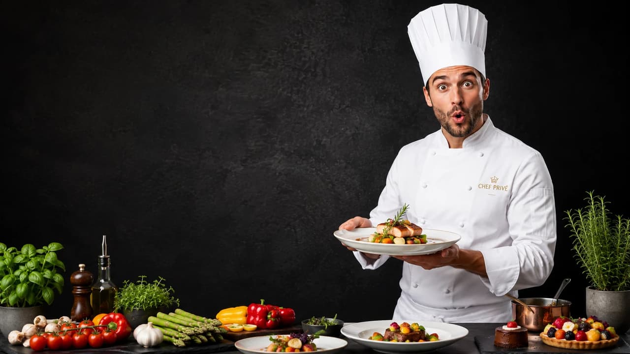 Chef presenting a gourmet dish with fresh vegetables and herbs.