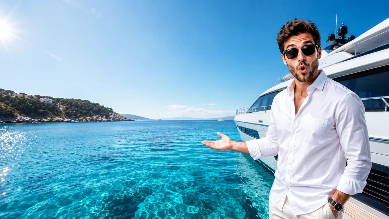 Man in sunglasses gesturing towards a luxury yacht on a clear blue sea.
