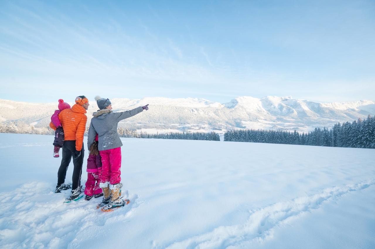 Famille en raquettes à neige dans un paysage enneigé